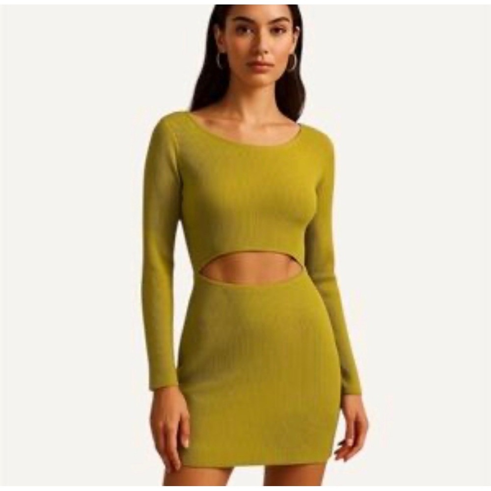 House of Harlow 1960 Nia Rib Cut-Out Chartreuse Mini Dress Long Sleeve Medium